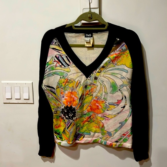 Vintage D&G Floral Print V-Neck Sweater 100% Cashmere - SZ L - Picture 1 of 5